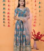Sky Blue Digital Print Gown With Embroidered Sequins 