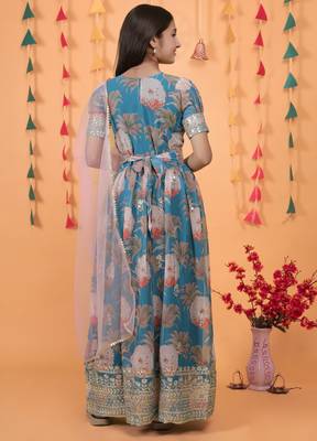 Sky Blue Digital Print Gown With Embroidered Sequins  3