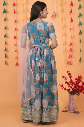 Sky Blue Digital Print Gown With Embroidered Sequins 