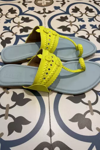 Sky blue and neon yellow kolhapuri