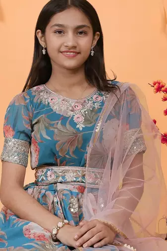 Sky Blue Digital Print Gown With Embroidered Sequins 