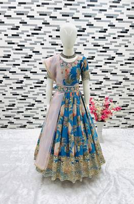 Sky Blue Digital Print Gown With Embroidered Sequins  5