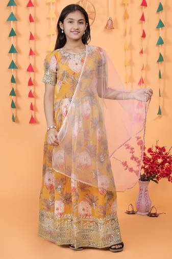 Glamour Heavy Fox Georgette Yellow Gown With Digital Print work With Embroidered Sequins work 
