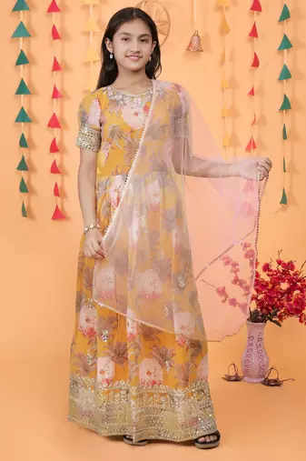 Glamour Heavy Fox Georgette Yellow Gown With Digital Print work With Embroidered Sequins work 