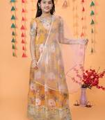  Yellow digital print gown with embroidered sequins