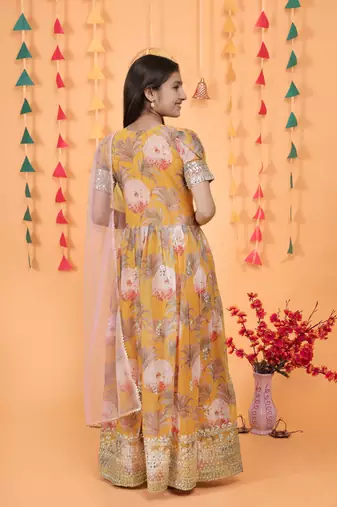  Yellow digital print gown with embroidered sequins