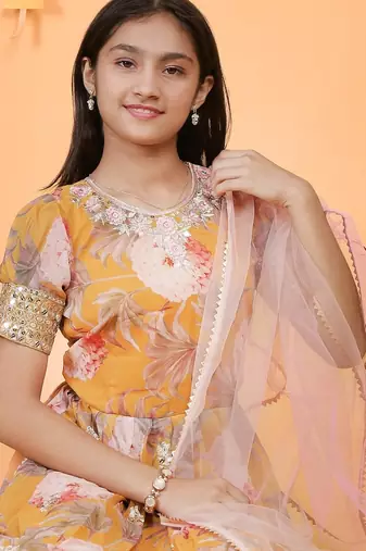  Yellow digital print gown with embroidered sequins