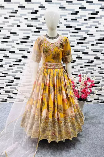  Yellow digital print gown with embroidered sequins