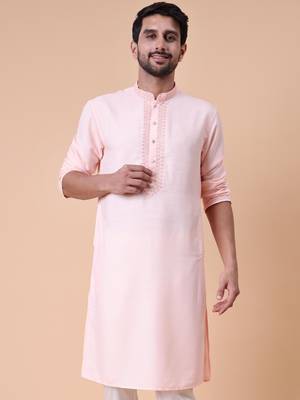 Men's mandarin collar embroidered cotton straight kurta 1