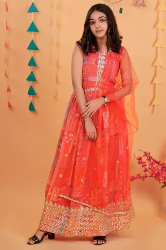 Alluring Georgette Embroidery And Printed Red Readymade Gown