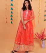 Red embroidered and printed gown