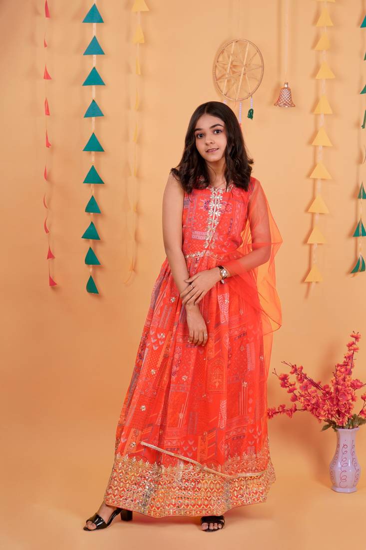 Alluring Georgette Embroidery And Printed Red Readymade Gown