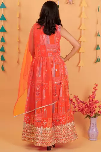 Red embroidered and printed gown
