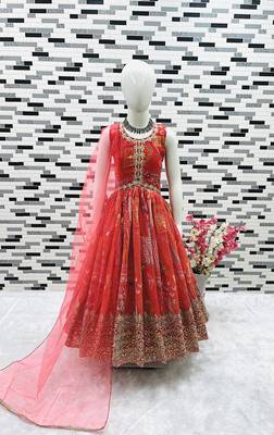 Red embroidered and printed gown 4