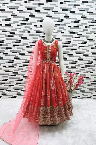 Red embroidered and printed gown