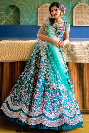 Aqua Blue satin Party wear Embroidered Work Lehenga Choli