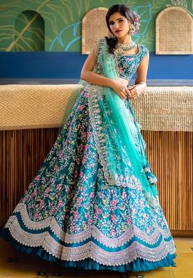 Aqua Blue satin Party wear Embroidered Work Lehenga Choli 1