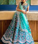 Aqua Blue satin Party wear Embroidered Work Lehenga Choli