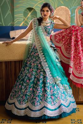 Aqua Blue satin Party wear Embroidered Work Lehenga Choli 2