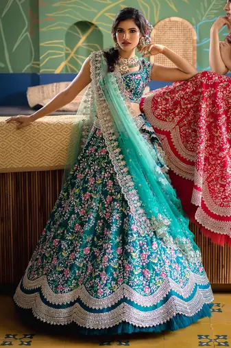 Aqua Blue satin Party wear Embroidered Work Lehenga Choli