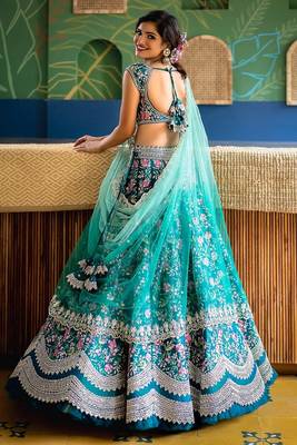 Aqua Blue satin Party wear Embroidered Work Lehenga Choli 3