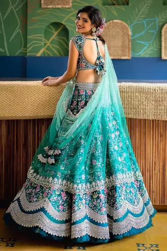 Aqua Blue satin Party wear Embroidered Work Lehenga Choli
