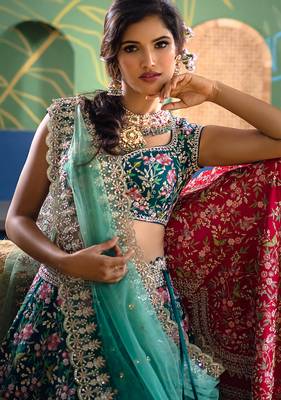 Aqua Blue satin Party wear Embroidered Work Lehenga Choli 4
