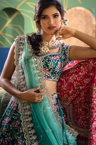 Aqua Blue satin Party wear Embroidered Work Lehenga Choli