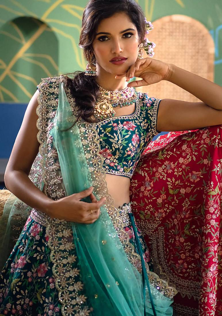 Aqua Blue satin Party wear Embroidered Work Lehenga Choli