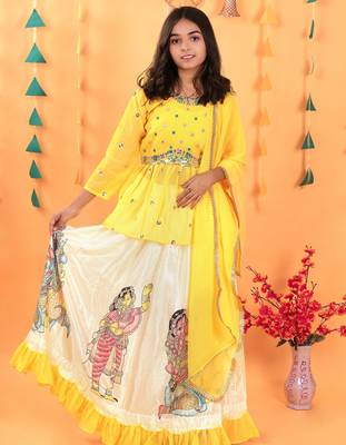 Kediya Style Foux Georgette Embroidery And Digital Printed Yellow Readymade Lehenga Choli 2
