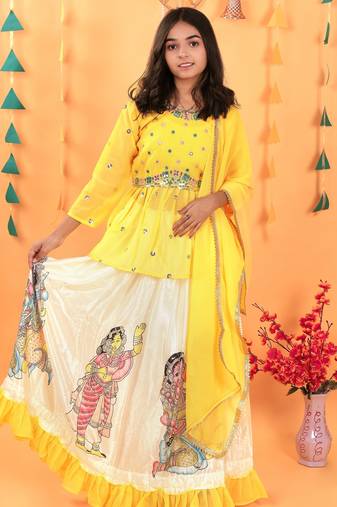 Kediya Style Foux Georgette Embroidery And Digital Printed Yellow Readymade Lehenga Choli