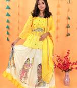 Kediya Style Foux Georgette Embroidery And Digital Printed Yellow Readymade Lehenga Choli