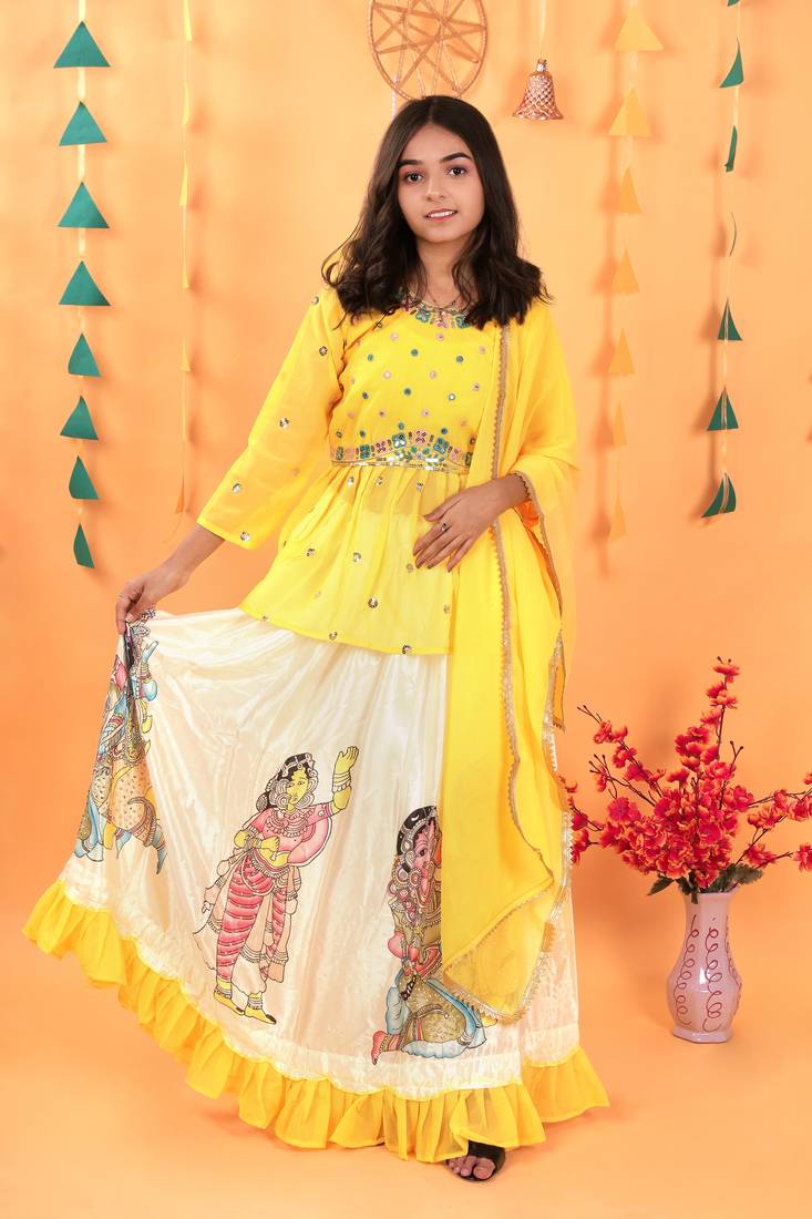 Kediya Style Foux Georgette Embroidery And Digital Printed Yellow Readymade Lehenga Choli