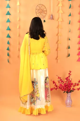Kediya Style Foux Georgette Embroidery And Digital Printed Yellow Readymade Lehenga Choli