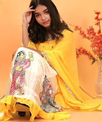 Kediya Style Foux Georgette Embroidery And Digital Printed Yellow Readymade Lehenga Choli 4