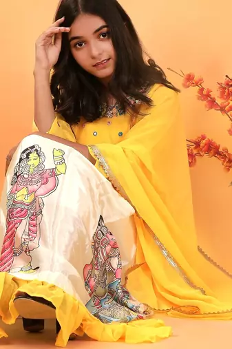 Kediya Style Foux Georgette Embroidery And Digital Printed Yellow Readymade Lehenga Choli