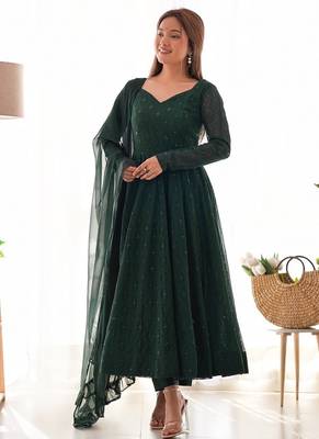 Green faux georgette lukhnowi sequin work anarkali set 1