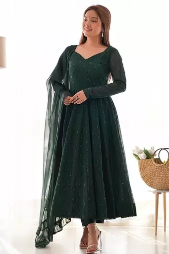 Green pure faux georgette lukhnowi sequence work anarkali set