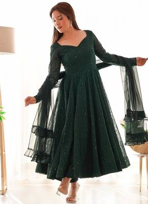 Green faux georgette lukhnowi sequin work anarkali set 2