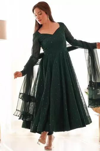 Green faux georgette lukhnowi sequin work anarkali set