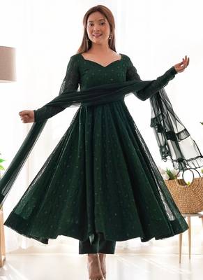 Green faux georgette lukhnowi sequin work anarkali set 3