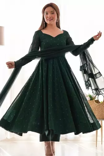 Green faux georgette lukhnowi sequin work anarkali set