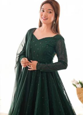 Green faux georgette lukhnowi sequin work anarkali set 4