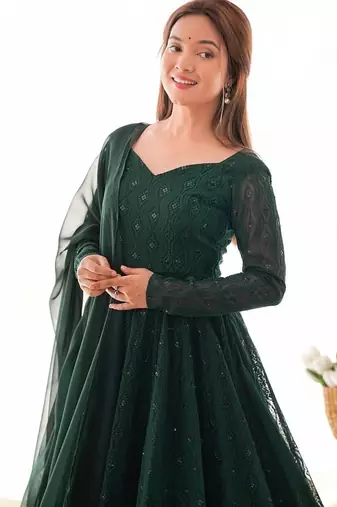 Green faux georgette lukhnowi sequin work anarkali set