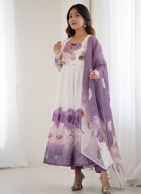 Violet soft organza silk with floral print fully flared anarkali pant with dupatta set 1