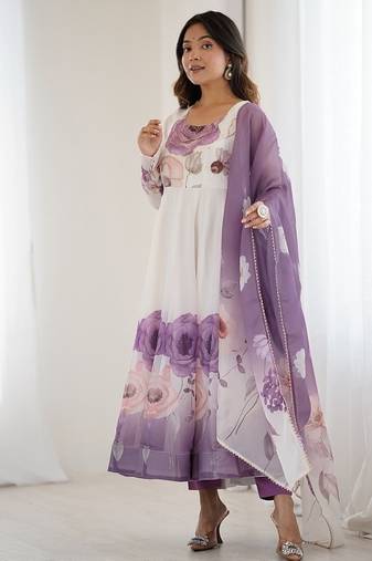 Violet soft organza silk with floral print fully flared anarkali pant with dupatta set