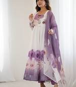 Violet soft organza silk with floral print fully flared anarkali pant with dupatta set