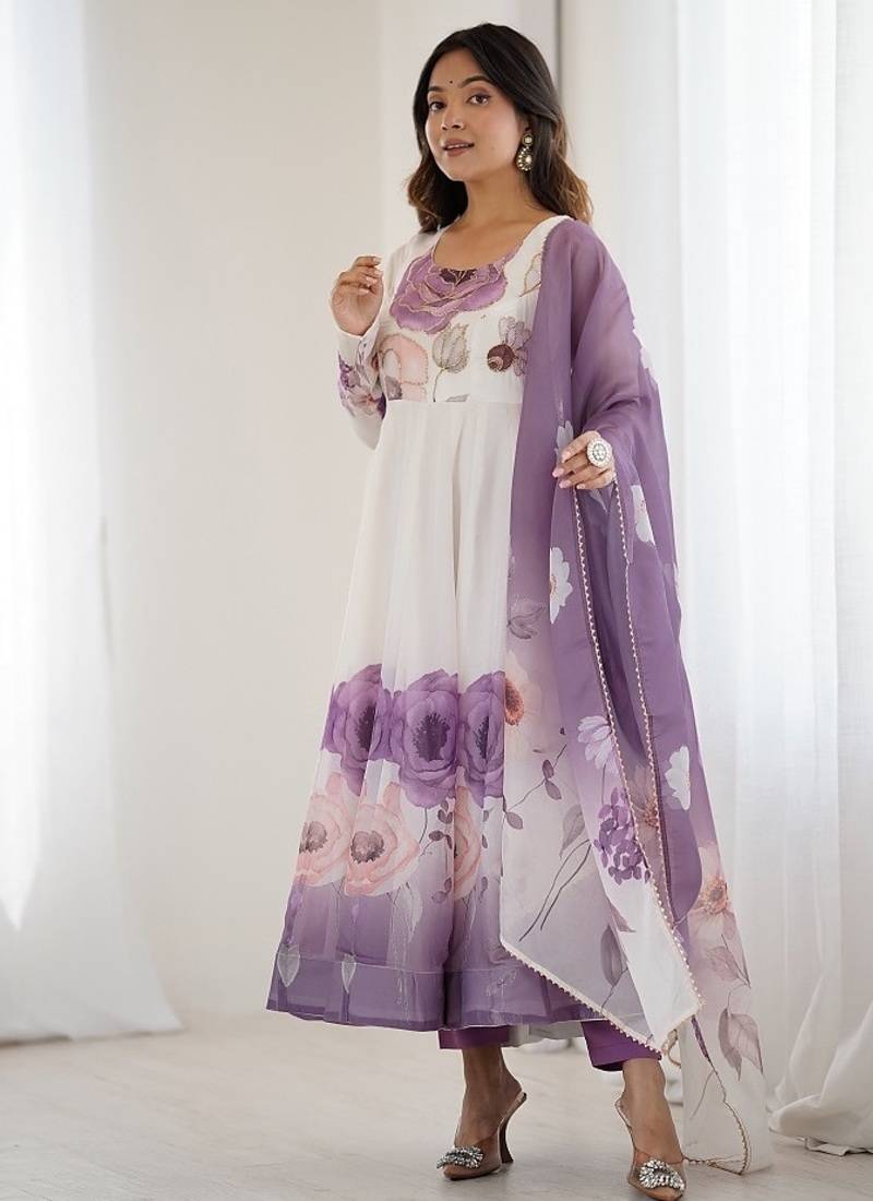 Violet soft organza silk with floral print fully flared anarkali pant with dupatta set