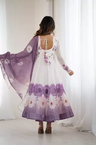 Violet soft organza silk with floral print fully flared anarkali pant with dupatta set