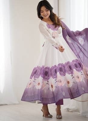 Violet soft organza silk with floral print fully flared anarkali pant with dupatta set 3